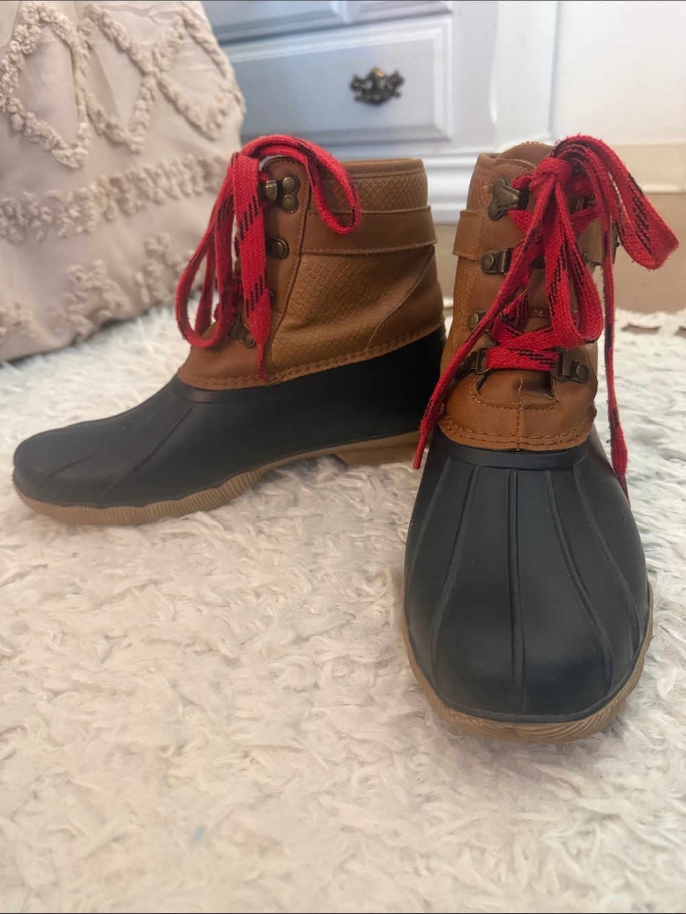 Maurices Brown and Black Duck Boots with Red Laces